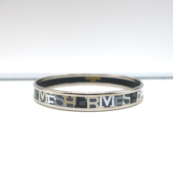 HERMES CAPITALES ENAMEL NARROW BANGLE BRACELET GRAY/SILVER SIZE MEDIUM - Picture 3 of 6